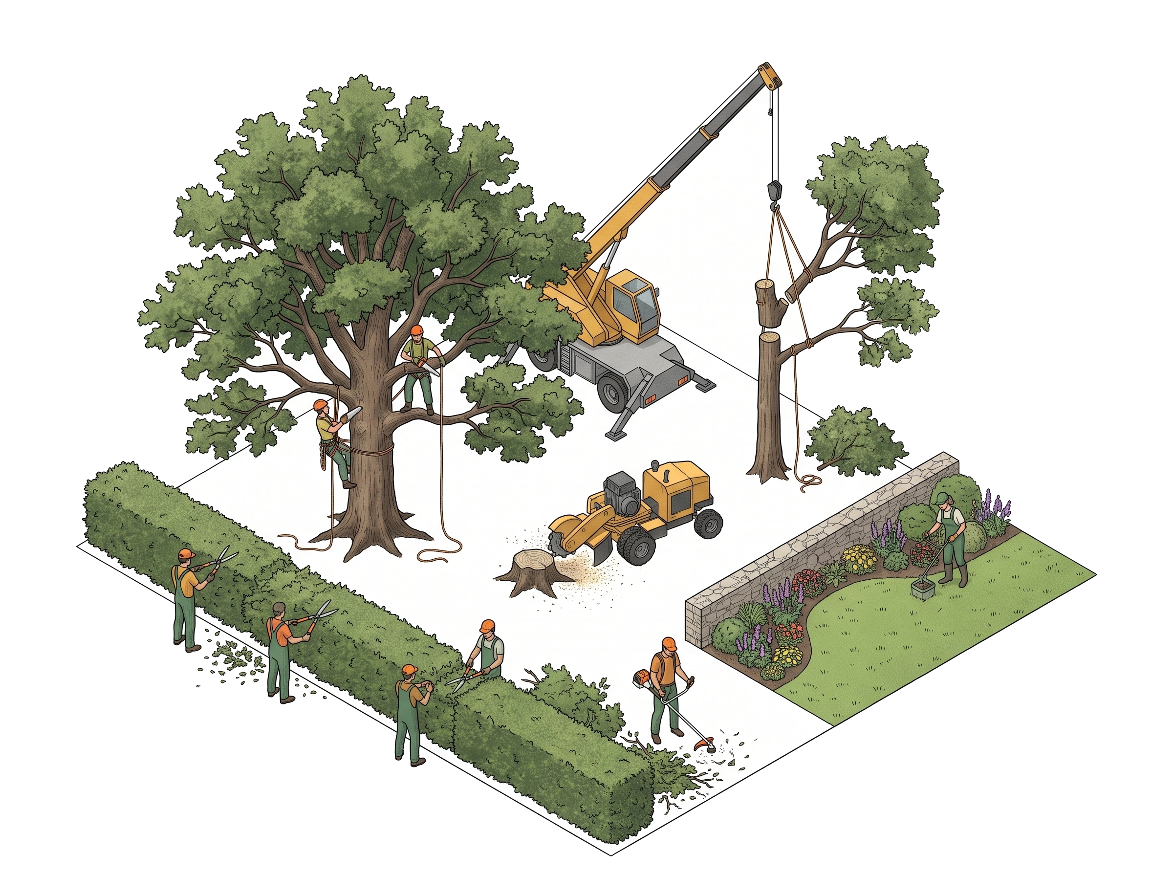 Illustration des interventions : Élagage et taille des arbres, Abattage et démontage, Dessouchage, Taille de haies, Débroussaillage, Entretien de jardin